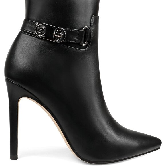 Women's Black Matte Stiletto Slouch Knee High Dress Boots Pointed Toe Buckle - Picture 5 of 7